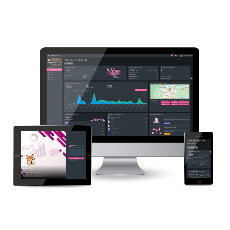 Mockup - tableau de bord du Manager FidOS sur ordinateur, tablette et mobile